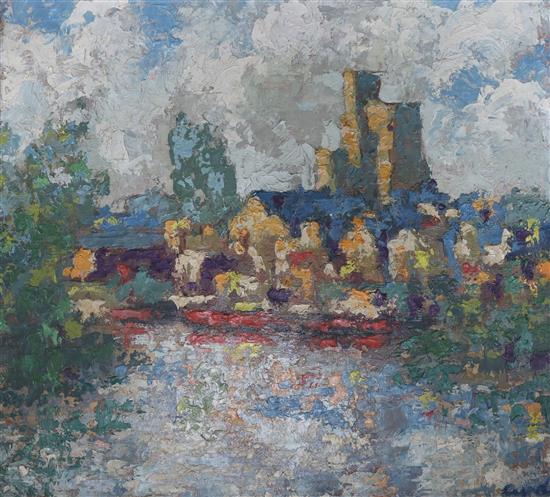 Clifford Cundy, oil on board, cathedral viewed from the river, signed 30 x 33cm